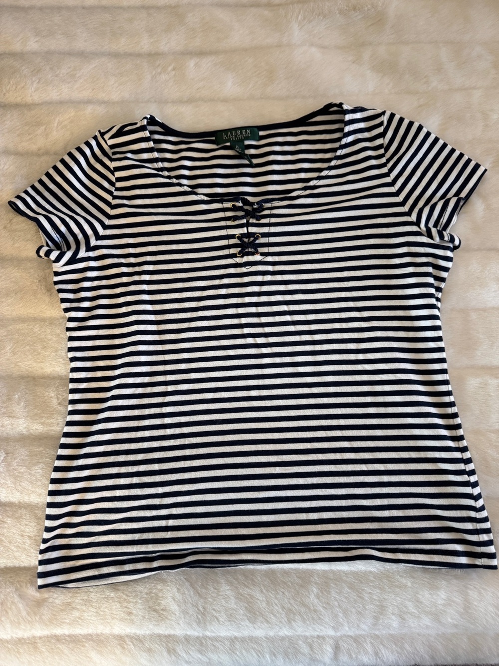 Ralph Lauren Navy and White Striped Lace-Up Scoop Neck Tee